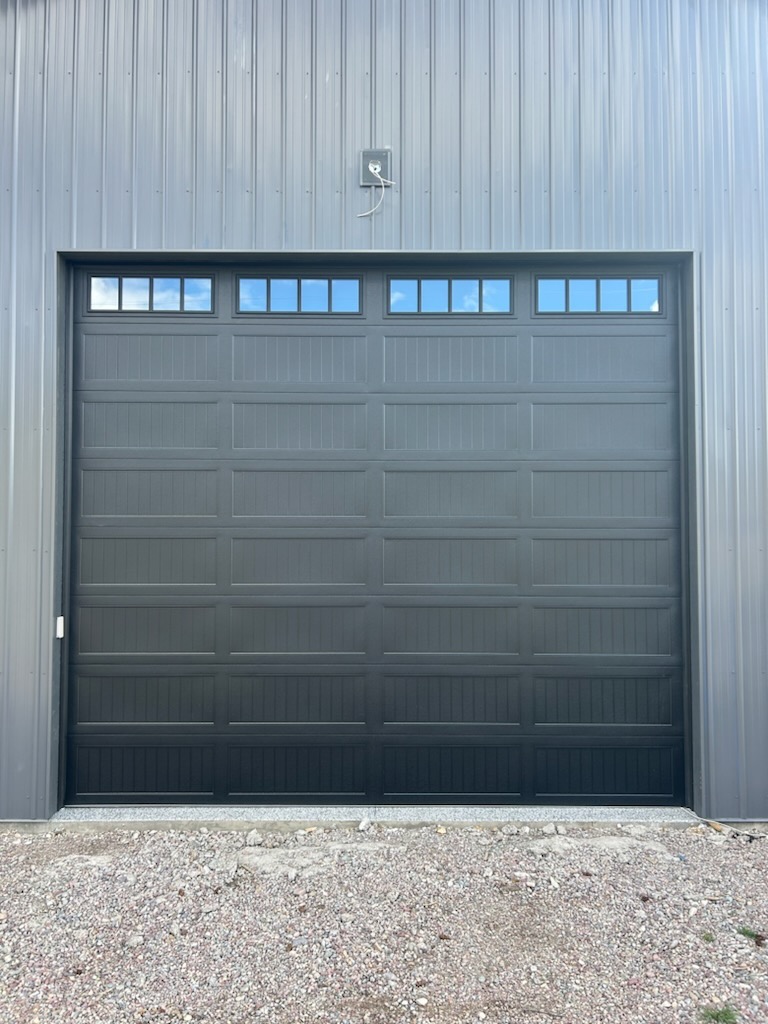 Steel Long Stamped Black Garage Door with Top Windows - Flathead